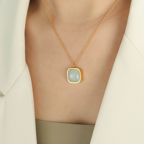 French Vintage Square Jade Pendant Necklace And Hook Earrings Stainless Steel Gold Plated Elegant Women Jewelry