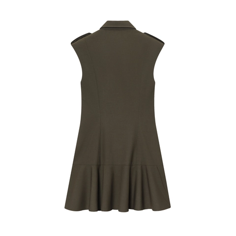 Mouwloze Mini Jurk Militaire Stijl Dames Dubbele Rij Knopen Revers Schoudervulling Geplooide Zoom Olijfgroen Polyester