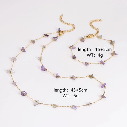 Minimalist Stainless Steel Necklace And Bracelet Jewelry With Irregular Purple Grey Crystal Stones Trendy For Women