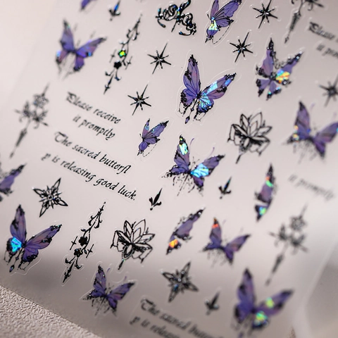 Butterfly Nail Stickers Holographic Laser 3D Gradient Purple Blue Star DIY Manicure Art Decoration For Women Salon Quality