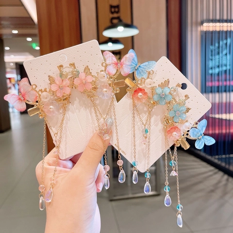 Mollette Per Capelli Con Nappa Farfalla Fiore Stile Antico Lega Perla Artificial Finta Hanfu Copricapo Tradizionale Per Ragazze Bambine Elegante