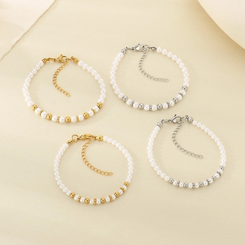 Bracciale Di Künstliche Perle A Strati Con Acciaio Inossidabile Oro 18K E Künstliche Perle Di Vetro Per Donna Gioielli Stile Coreano