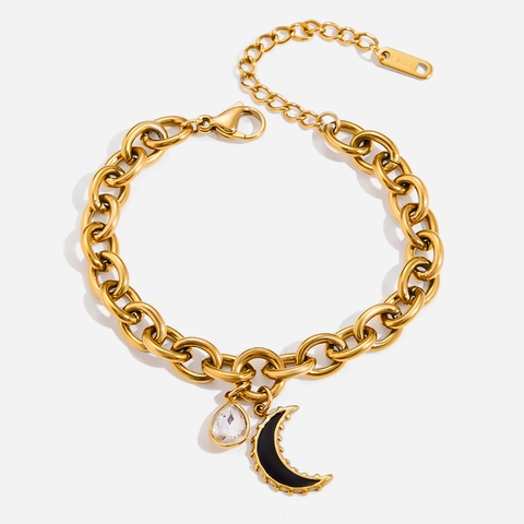 Pulsera De Acero Inoxidable Chapado En Oro De 18K Con Colgante De Luna De Esmalte Negro Y Diamante De Imitación Gota