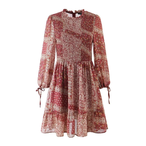 Abito Corto Bohémien In Chiffon Con Stampa Paisley Collo Alto A Balze Vita Arricciata Maniche Lunghe Per Donne