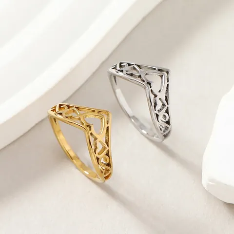 Hollow Heart Pattern V Shape Ring Stainless Steel Wishbone Geometric Fashion Jewelry For Women