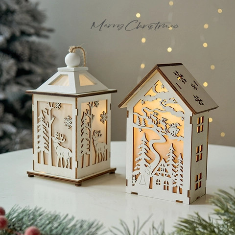 Kerst Houten LED Licht Ornament Rendier Sneeuwvlok Holle Hut Lantaarn Decoratieve Nachtlamp Voor Vakantie Huis Tafel Decoratie