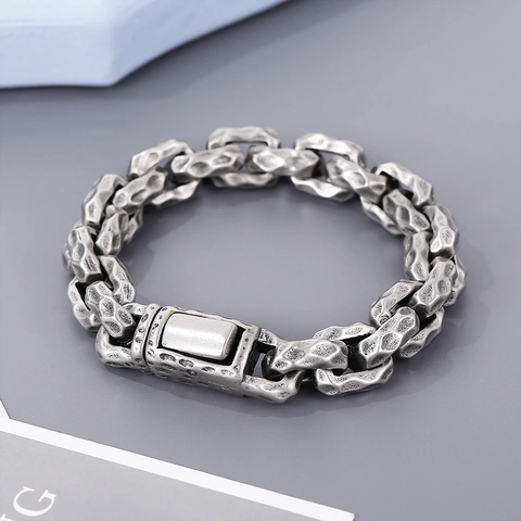 Bracciale A Catena Martellata Vintage Uomo Acciaio Inossidabile 316L Pesante Retro Punk Hip Hop Gioielli Argento Antico
