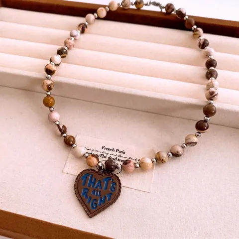 Collier De Perles Pendentif Cœur Style Ethnique Vintage Texture Pierre Marbre Alliage Impression Lettres Femmes
