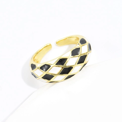 Emaille Rautenmuster Schachbrett Ring 18K Vergoldetes Kupfer Geometrisch Offen Verstellbar Fingerschmuck Damen