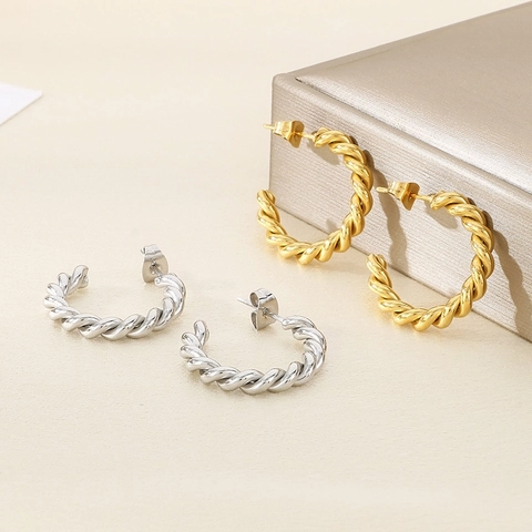 Twisted C Shape Hoop Earrings Stainless Steel Minimalist Geometric Textured High Polish Metal Jewelry For Women