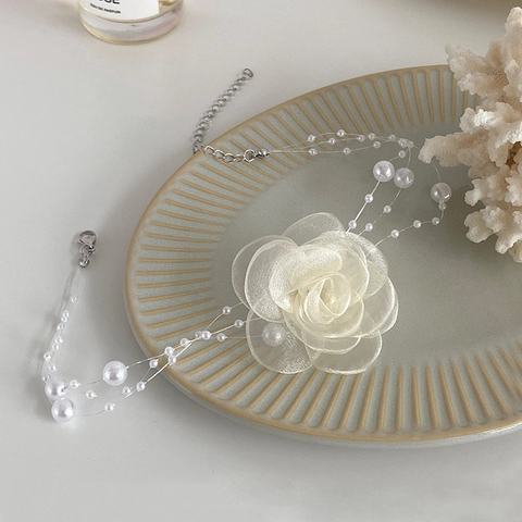 Große Netzblume Künstliche Perlen Choker Halskette Lagenlook Organza Romantisch Elegant Französischer Stil Damen Schmuck