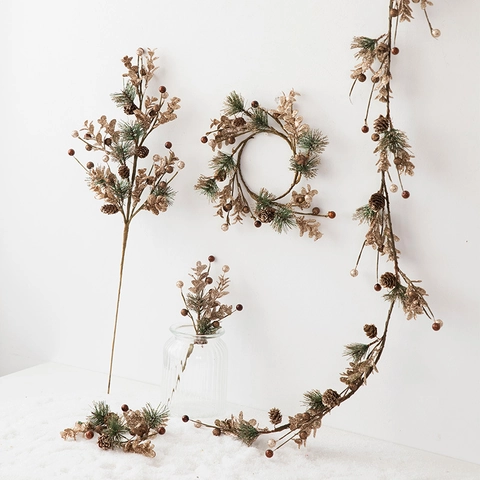 Christmas Wreath Garland Pine Needles Gold Glitter Leaves Natural Pinecones Berries Holiday Elegant Home Decor