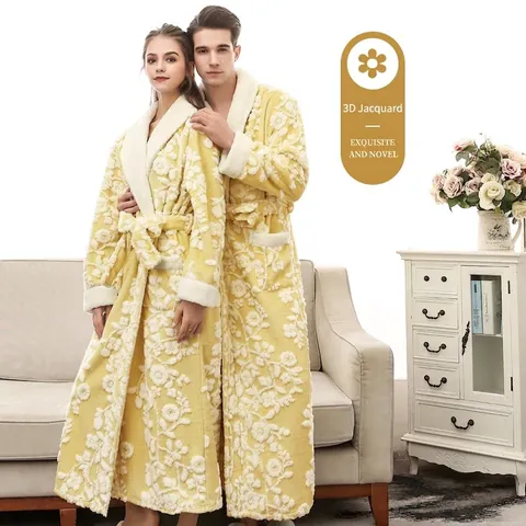 Verdikte Flanellen Badjas Dames Heren Lange Mouwen 3D Jacquard Ochtendjas Winter Warm Lange Nachtkleding Riem Sjaalkraag