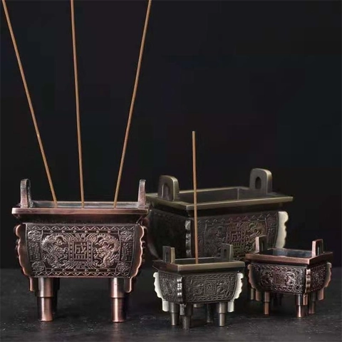 Quemador De Incienso De Aleación Antiguo Trípode Cuadrado Chino Ding Con Patrón De Dragón Para Zen Decoración Casa Oficina