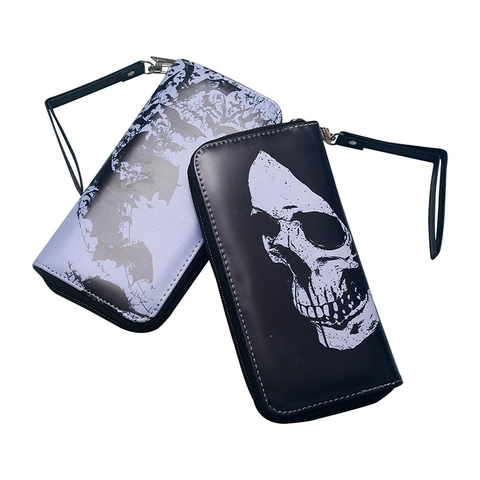 Lange Geldbörse Mit Reißverschluss PU Leder Große Kapazität Mit Handschlaufe Totenkopf Fledermaus Druck Retro Gothic Stil