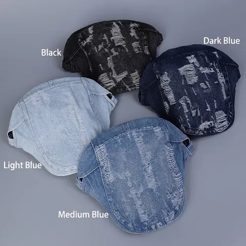 Casquette Plate En Jean Vintage Distressed Déchiré Lavé Rétro Casquette Bec De Canard Streetwear Pour Homme Réglable