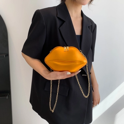 Bolso Bandolera Con Forma De Labios Cuir PU Metálico Pequeño Bolso De Mano Con Cadena Dorada Para Mujer Moda Fiesta