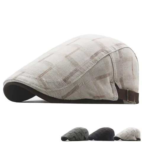 Vintage Plaid Newsboy Cap Cotton Breathable Flat Cap British Style Adjustable Metal Buckle For Men Golf Outdoor
