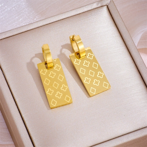 Stainless Steel Square Hoop Earrings 18K Gold Plated Engraved Clover Geometric Pattern Minimalist Fashion Jewelry Women
