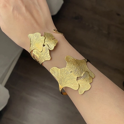 Ginkgo Leaf Open Cuff Bracelet Stainless Steel Layered Leaf Texture Adjustable Bangle Elegant Nature Inspired Jewelry For Women