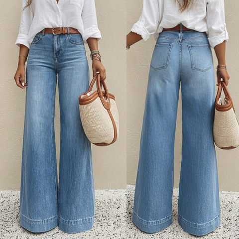 Women High Waisted Wide Leg Jeans Retro Washed Cotton Polyester Loose Fit Slimming Tall Denim Trousers Casual Streetwear