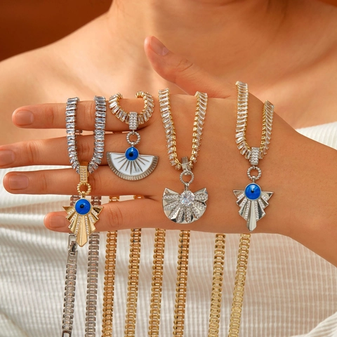 Collier avec Pendentif Mauvais Œil en Cuivre et Zirconia Hip Hop Rétro Éventail Géométrique Chaîne Tennis Bijoux Femme