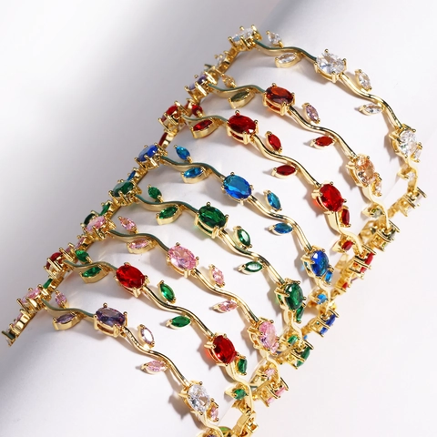 Exquisite Vine Flower Leaf Bracelet Copper With Colorful Zircon Inlaid Elegant Light Luxury Jewelry For Women Gift