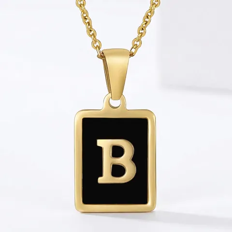 Collar Colgante Letra Cuadrada Acero Inoxidable Chapado Oro 18K Mujer Joyería Moda Esmalte Negro Elegante