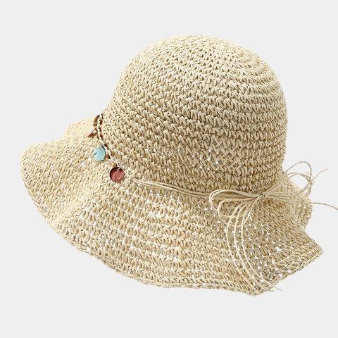Women Crochet Straw Hat Wide Brim Sun Hat Breathable Hollow Out Foldable Beach Vacation Hat With Shell Colorful Beads
