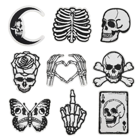 Gothische Skelet Schedel Geborduurde Patches Strijkijzer Op Applicatie Voor Kleding DIY Reparatie Donkere Rock Stijl Zwart Wit
