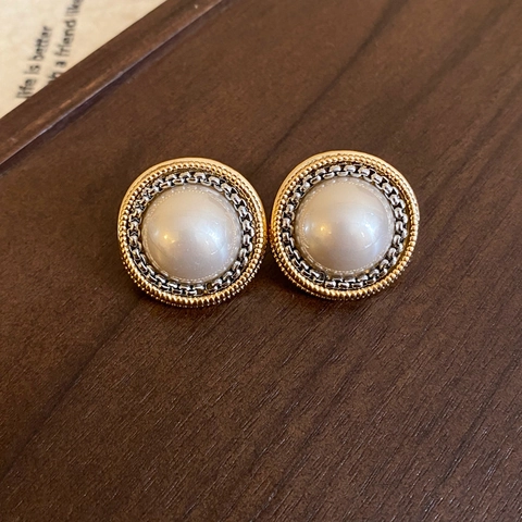 Vintage Round Artificial Pearl Stud Earrings Alloy Contrast Color Frame With 925 Sterling Silver Earring Post For Women