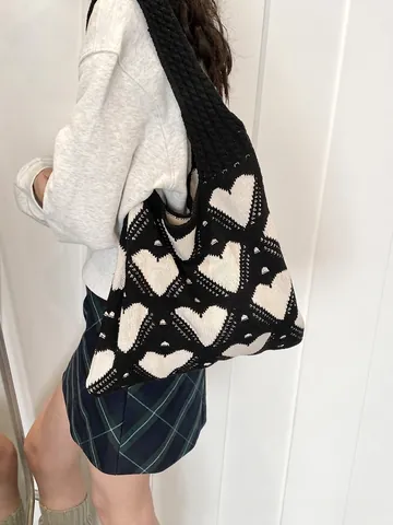 Knitted Heart Pattern Tote Bag Large Capacity Casual Contrast Color Slouchy Shoulder Bag Korean Style Retro For Women