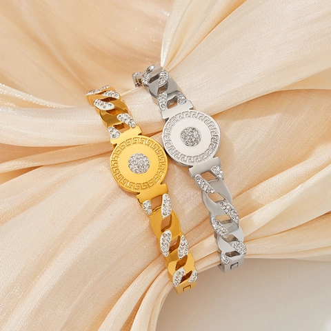 Brazalete De Acero Inoxidable Para Mujer Con Diamantes De Imitación Patrón De Llave Griega Joyería De Lujo