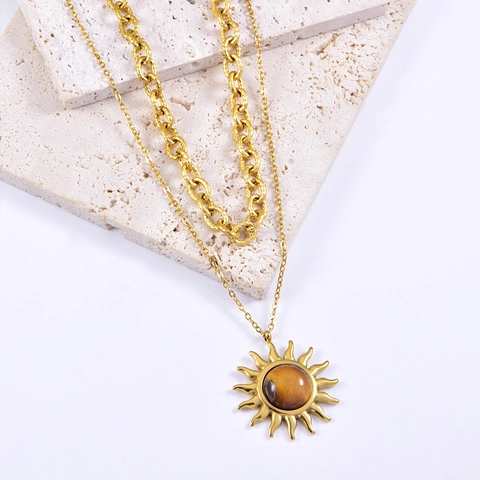 Double Layer Sun Pendant Necklace Stainless Steel Gold Plated Retro Tiger Eye Stone Bohemian Jewelry For Women