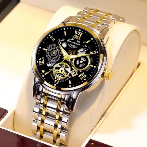 Men Automatic Mechanical Watch Skeleton Luminous Waterproof Stainless Steel Strap Luxury Fashion Wristwatch Roman Numerals