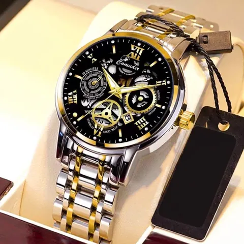 Men Automatic Mechanical Watch Skeleton Luminous Waterproof Stainless Steel Strap Luxury Fashion Wristwatch Roman Numerals