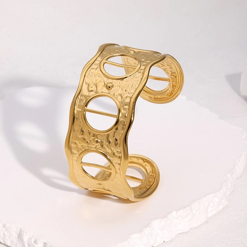 Brazalete De Puño De Acero Inoxidable Textura Martillada Diseño Circular Hueco Pulsera Abierta Ancha Joyería De Lujo Minimalista
