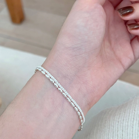 Bracciale in Argento Sterling 925 Doppio Strato per Donna Minimalista Catena di Perline Regolabile Design di Nicchia Gioielli
