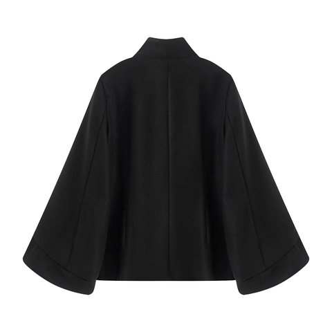 Damen Wollcape Mantel Geknöpft Silberring Akzente Stehkragen Lockere Passform Pendler Casual Umhang Oberbekleidung Schwarz