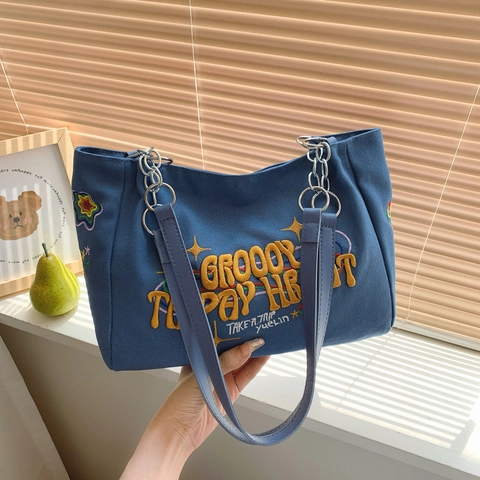 Borsa Tote In Tela A Grande Capacità Con Ricamo Di Lettere Tracolla A Catena Borsa A Spalla Casual Da Donna