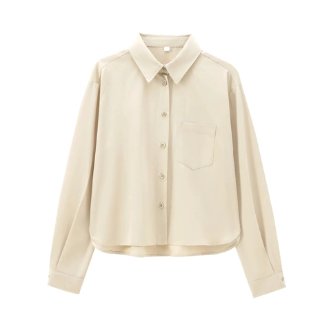 Women Long Sleeve Button Up Shirt Twill Polyester Lapel Collar Single Pocket Curved Hem Casual Office Blouse