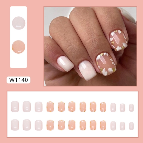 Short Square Round Press On Nails White Flower Petal Gold Foil Milky White Pink Sweet Elegant For Women