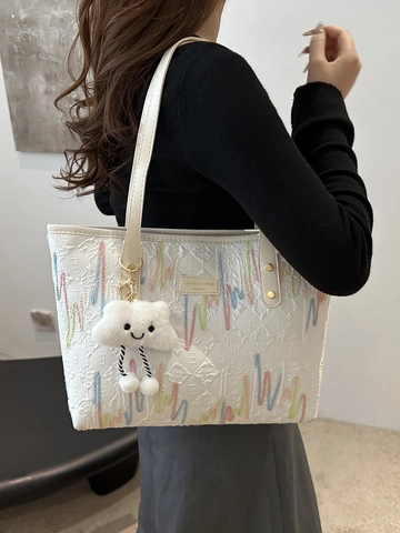 Fashion Women Tote Bag Canvas PU Leather Large Capacity Colorful Embroidery Shoulder Handbag With Plush Cloud Charm