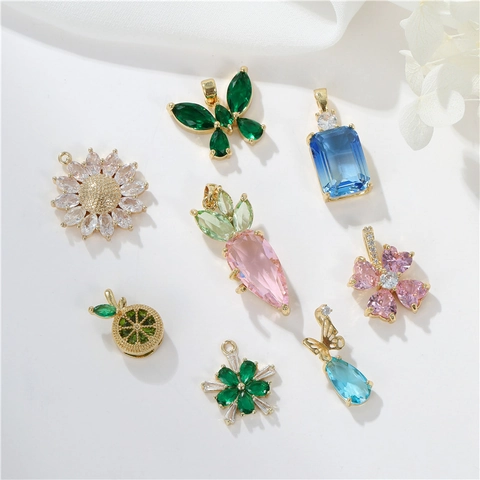 14K Gold Plated Copper Pendant Cubic Zirconia Butterfly Flower Fruit Charm For DIY Jewelry Making Necklaces Accessories