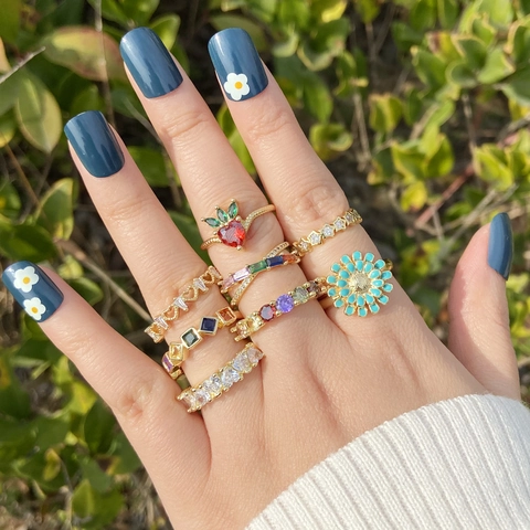 Verstelbare Open Ring Koper Kleurrijke Zirkonia Micro Pave Madeliefje Hart Kers Ster Mode Sieraden Voor Dames