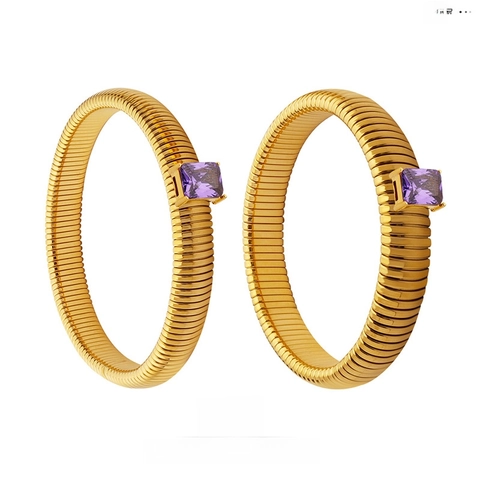 Tubogas Elastic Bangle Gold Plated Stainless Steel With Rectangular Zircon Vintage Elegant Jewelry For Women