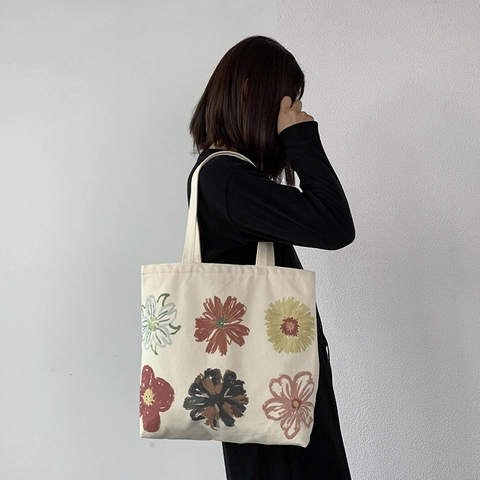 Floral Print Canvas Tote Bag Zipper Large Capacity Shoulder Handbag Artistic Aesthetic For Women Girls Daily Casual School Bag