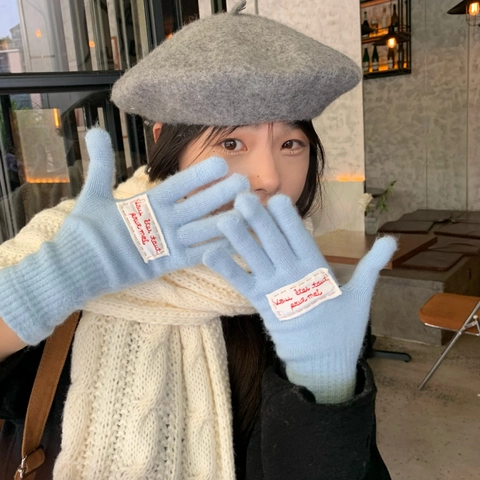 Women Winter Knit Gloves Touch Screen Compatible Thermal Warm Embroidery Letter Patch Candy Color Outdoor