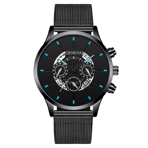 Geneva Fashion Men's Quartz Watch With Stainless Steel Milanese Mesh Strap Calendar Date Display Alloy Case Wristwatch