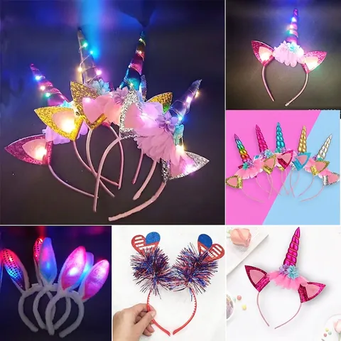 LED Glowing Unicorn Headband Plastic Fabric Glitter Horn Hair Hoop Halloween Christmas Party Favors For Girls Kids